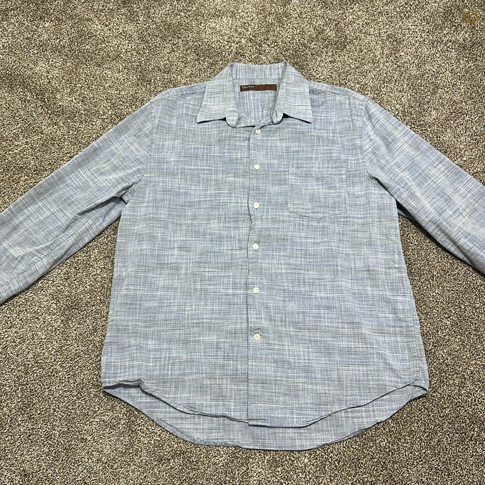 Perry Ellis men’s button down casual shirt blue gray crosshatching neutral Large